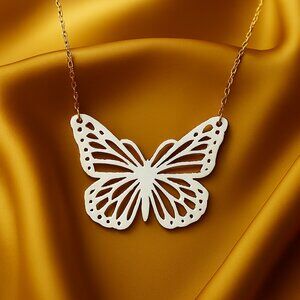 White Butterfly Filigree Cutout Pendant Necklace – Gold Chain Elegant Jewelry